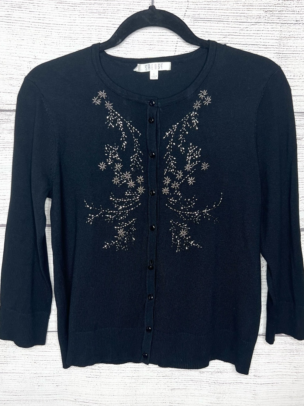 Spense Black Cardigan with Metallic Beaded Floral Embellishment Size Medium